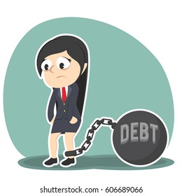 businesswoman tied with debt iron ball
