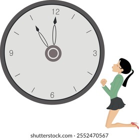 Businesswoman. Time concept. Deadline. 
Businesswoman praying on the knees to the clock. Pushing back hour concept
