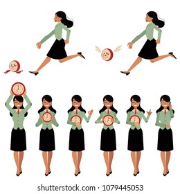 Businesswoman and time management, deadline concept set. Female characters, manager office worker hurry, chasing for flying clock holding watches in hands, calling phone, gestures. Vector illustration