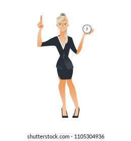 Businesswoman and time management, deadline concept. Female character in corporate suit, manager office worker holding watches in hands pointing out. Vector cartoon illustration