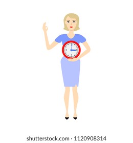 Businesswoman and time management, deadline concept. Female character in corporate suit, manager office worker holding clock watches in hands showing ok gesture. Vector flat illustration