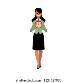 Businesswoman and time management, deadline concept. Female character in corporate suit, manager office worker holding watches in hands. Vector cartoon illustration