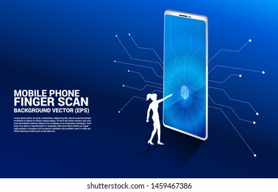 Businesswoman touch finger print on Finger scan icon on mobile phone screen. Background concept for security and privacy technology on network