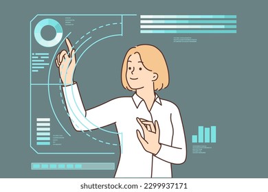 Businesswoman touches holographic dashboard or virtual screen symbolizing high technologies for corporate management. Woman near digital dashboard for analytics and business process monitoring concept