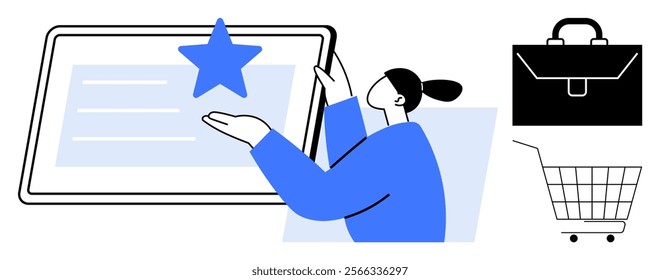 Businesswoman touching a star on a tablet screen, emphasizing service or product rating. Ideal for business, customer satisfaction, e-commerce, technology, digital marketing. Clean, minimalist style