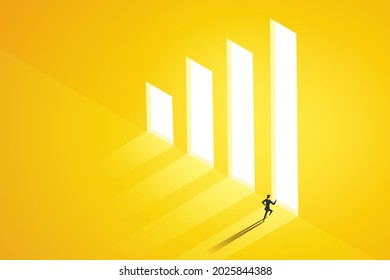 Businesswoman trader chooses to run to the door of the bright graph; making high profits. achieve the goal and business growth. Vector Illustration.