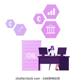Businesswoman Trader Working on Computer Selling and Buying Currency, Oil, Company Bonds and Precious Metals on Stock Market Using Broker Service and Pc Application. Cartoon Flat Vector Illustration