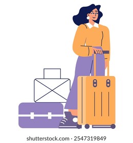 Conceito de viagem de empresária. Uma empresária confiante com bagagem pronta para uma viagem corporativa. Viagem, preparação e mobilidade corporativa. Ilustração vetorial.