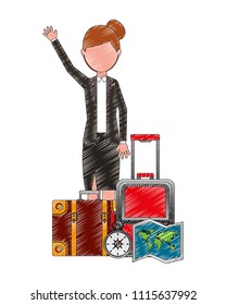 businesswoman with travel set icons