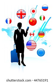 Businesswoman traveler with Internet Flag Buttons Original Vector Illustration