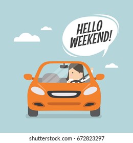 Businesswoman traveling by car and say Hello weekend.