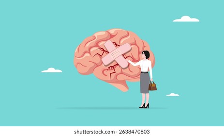 businesswoman treats Human Brain With Adhesive Plaster, businesswoman placing bandage on injury, healing or relaxation of the mind