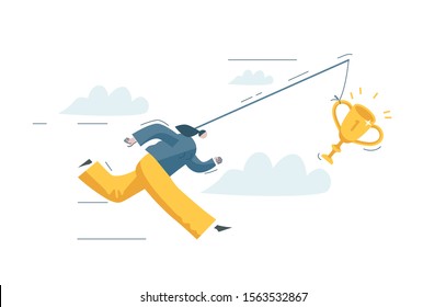 Businesswoman tries to catch reward. Woman feels burnout at work. Worker is chasing victory. People want unattainable dream. Girl is running fast. Concept vector illustration EPS 10 isolated on white