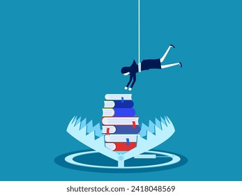 Businesswoman tries to pick up a book in a trap. learning trap concept. vector 