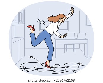 Businesswoman trips on wires and falls, risking injury due to clumsiness or mess in workplace. Falling girl office employee gets tangled in electrical cable lying on floor and screams falling