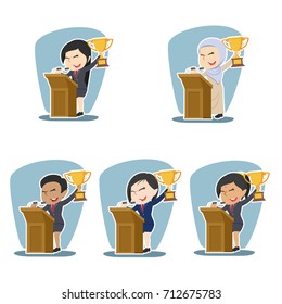 businesswoman with trophy giving speech different race set 