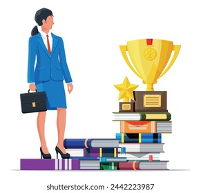 Mujer de negocios con trofeo en la pila de libros. Mujer de negocios con medalla. Educación y estudio. Éxito empresarial, triunfo, meta o logro. Ganadora de la competición. Ilustración vectorial estilo plano