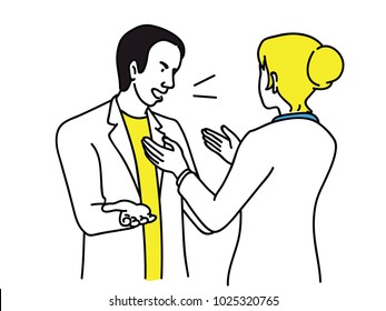 Businesswoman try to calm down angry businessman, who is in quarreling, arguing, in rage. Outline, linear, thin line art, hand drawn sketch.  