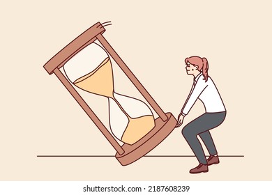 Businesswoman try to flip sand clock and win more time. Woman struggle not to miss deadline have time adjustments. Vector illustration. 