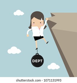 Businesswoman try hard to hold on the cliff with debt burden. vector