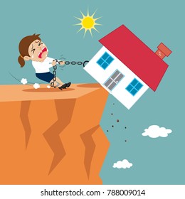 Businesswoman  try to keep house hanging on rope, illustration vector cartoon