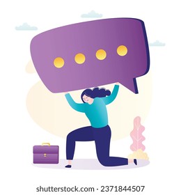 Businesswoman try lift giant speech bubble. Tired employee holds of dialogue bubble, business woman withstand pressure. Difficulties with negotiation, problems with talking, communication. Phobias.