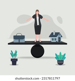 Businesswoman trying to balance between FAMILY and CAREER concept design vector illustration