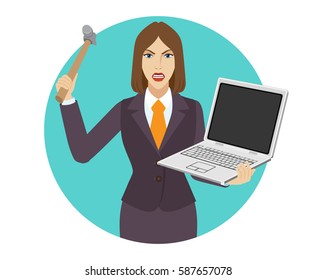Businesswoman trying to break a laptop notebook with a hammer. Portrait of businesswoman in a flat style. Vector illustration.