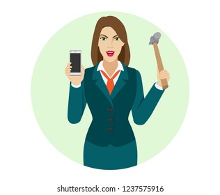Businesswoman trying to break a mobile phone with a hammer. Portrait of businesswoman in a flat style. Vector illustration.