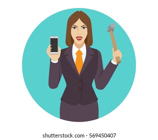 Businesswoman trying to break a mobile phone with a hammer. Portrait of businesswoman in a flat style. Vector illustration.