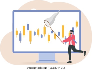 Businesswoman trying to catch candlestick chart business. Trader make profit with investment trading, stock market growth, get rich from Crypto trading. Vector illustration.

