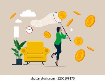 Businesswoman trying to catch flying coins or golds with a butterfly net. Running entrepreneur woman using business opportunity to scoop some dollar coins. Vector illustration.