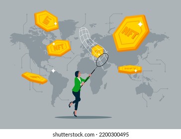 Businesswoman trying to catch flying coins NFT token or golds with a butterfly net. Running entrepreneur woman using business opportunity to scoop some NFT token. Vector illustration.