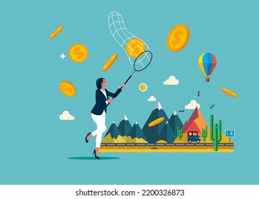 Businesswoman trying to catch flying coins or golds with a butterfly net. Running entrepreneur woman using business opportunity to scoop some dollar coins. Vector illustration.