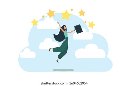 Businesswoman is trying to catch the star. Concept design of business goal