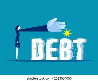 Businesswoman Trying To Crush And Smash The Heavy Debt Burden. Breaking The Debt