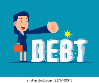 Businesswoman Trying To Crush And Smash The Heavy Debt Burden. Breaking The Debt