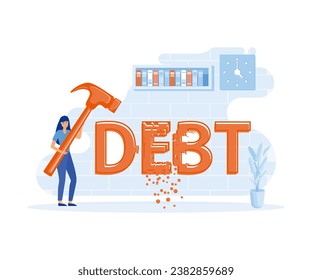 Businesswoman trying to crush and smash the heavy debt burden, debt settlement. flat vector modern illustration 