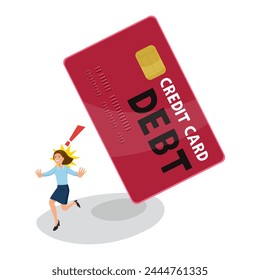 A businesswoman is trying to escape the burden of her credit card debt.White background, 
credit card debt cricis concept.Flat, Vector, Illustration, Cartoon, EPS10.