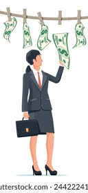 Businesswoman trying get wet dollar bills hanging on rope. Money laundering. Dirty money. Hidden wages, salaries black payments, tax evasion, bribe. Anti corruption. Flat vector illustration