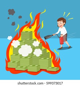 Businesswoman trying to put out burning money, vector illustration cartoon