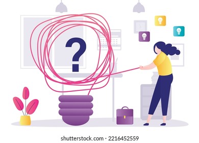 Businesswoman trying to unravel chaotic tangle and come up with new idea. Brainstorm, concept. Difficulty of choosing right path, creativity. Messy lines in light bulb, brainstorming process. vector