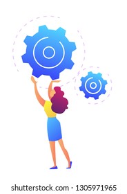 Businesswoman turning gears vector illustration. Professional teamwork and collaboration, management and organization, corporation and solution concept. Isolated on white background.