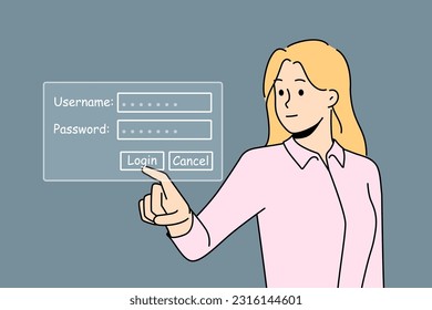 Businesswoman type username and password log in on personal account on computer. Female employee provide login data on digital security system. Vector illustration. 