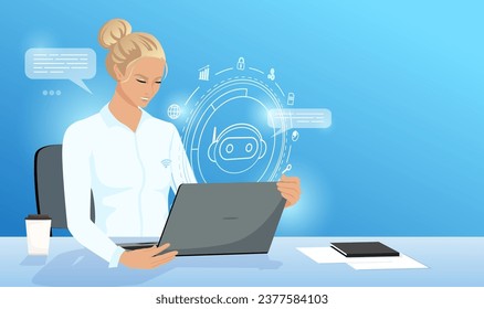 Businesswoman typing on laptop, using chat bot to text online with friend. Robot with circle hologram. Artificial intelligence technology. Digital machinery. Futuristic innovation. Vector illustration