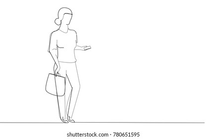 Businesswoman typing sms message on cell phone. For web site, ad, marketing and poster.Useful for app, travel agency and magazine. Creative business concept, vector illustration