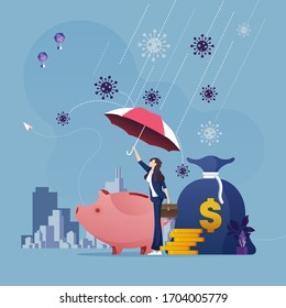 Businesswoman with umbrella protecting money from corona virus attack-Business financial crisis concept