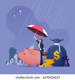 Businesswoman with umbrella protecting money from economic problems-Business and finance protection vector concept