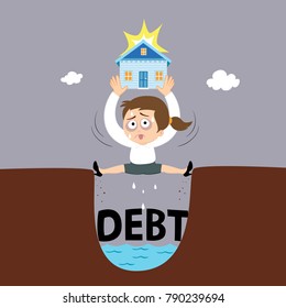 Businesswoman under stress with house on a debt in hole, illustration vector cartoon