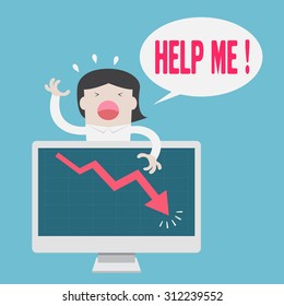 Businesswoman unhappy with chart go down on monitor - Vector 